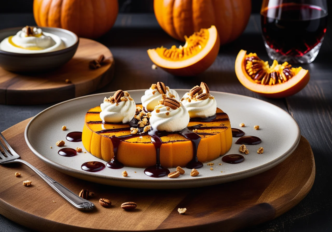 Grilled Nutmeg Pumpkin with Marinated Lemon, Shallots in Port Wine Sauce and Sheep Fresh Cheese Purée