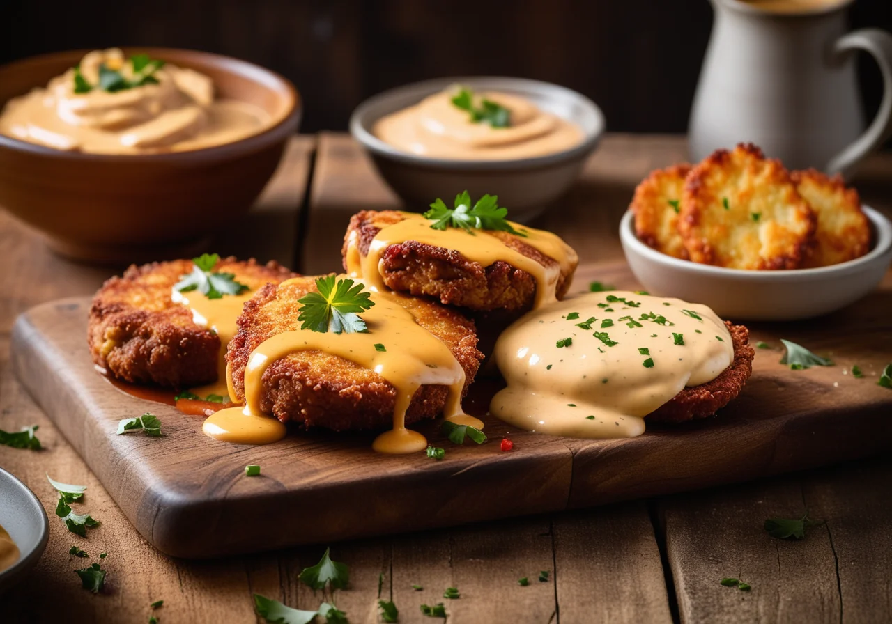 Schnitzel with Pepper Cream Sauce and Potato Patties