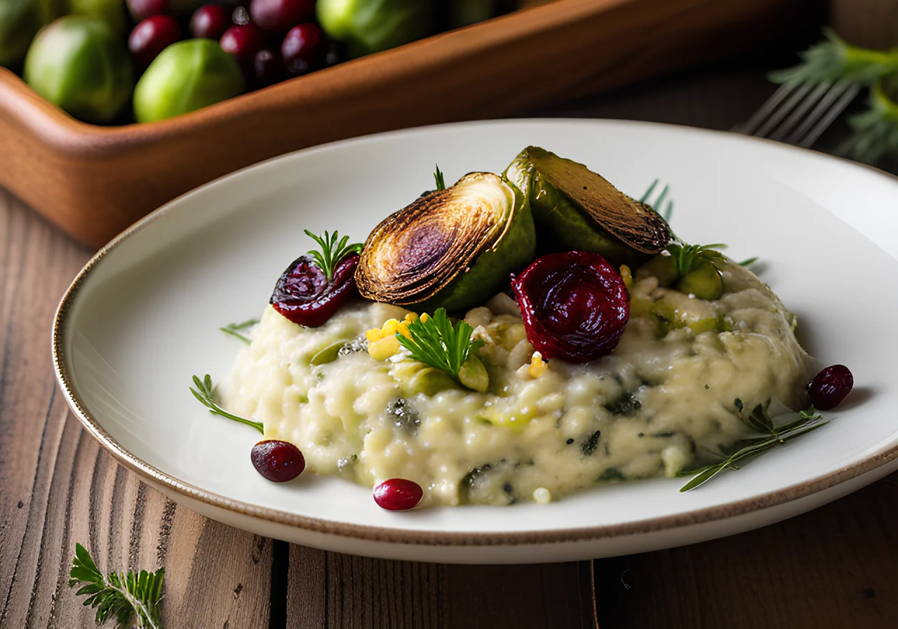Herb Cranberry Risotto with Grana Padano and Balsamic Brussels Sprouts