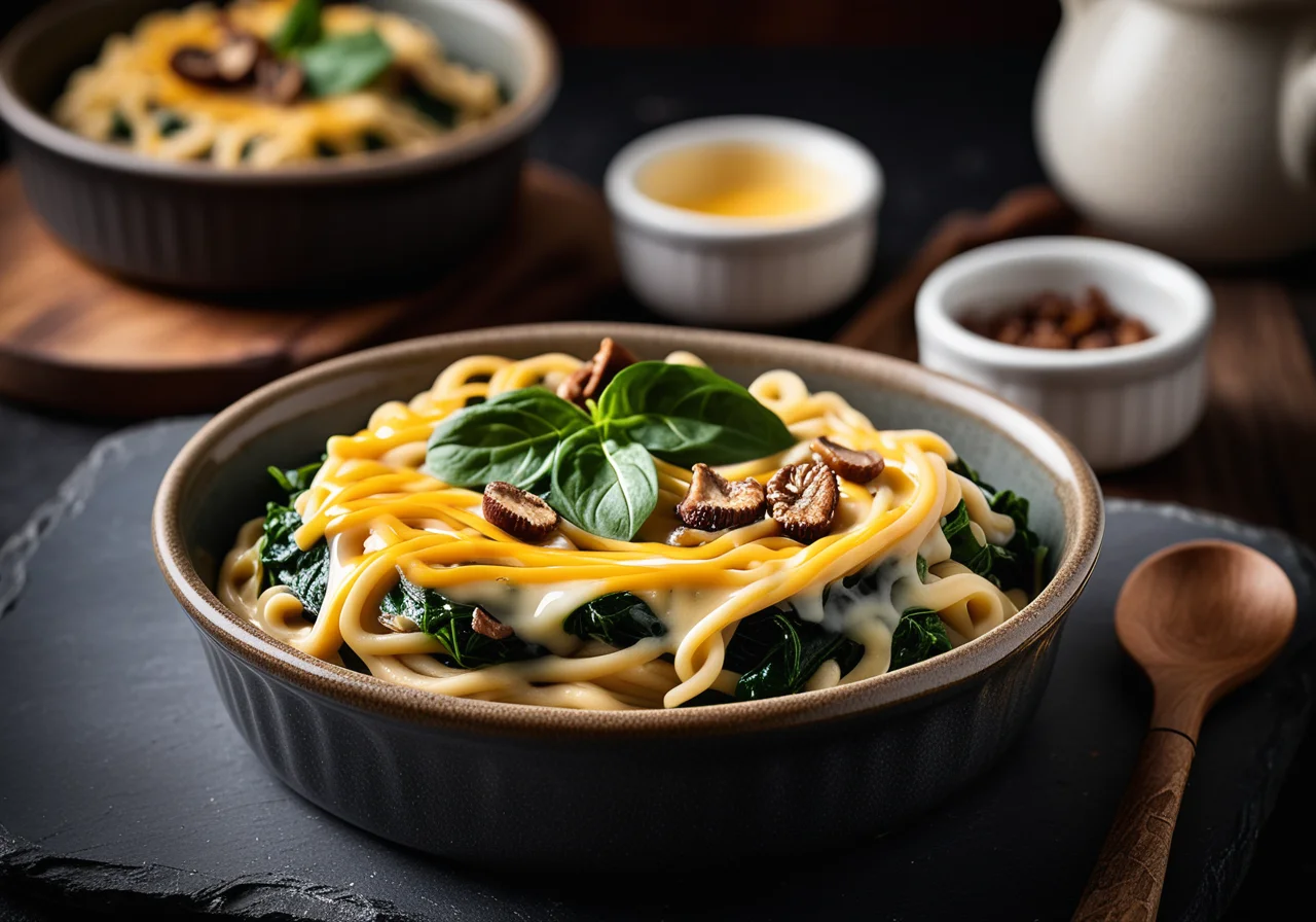 Noodle Casserole with Mushrooms, Spinach and Cheese
