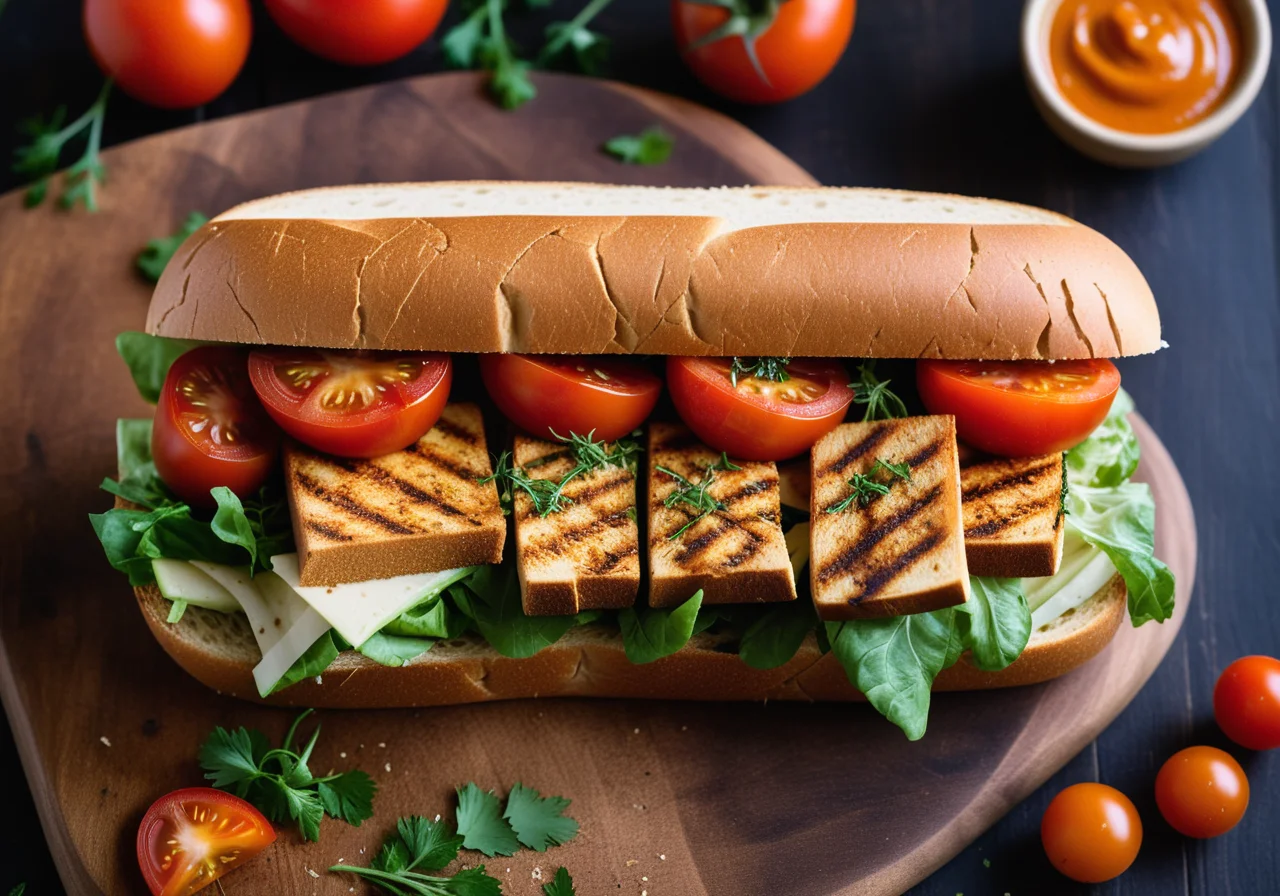 Vegan Tofu Cabbage Sandwich with Tomato and Cabbage Salad