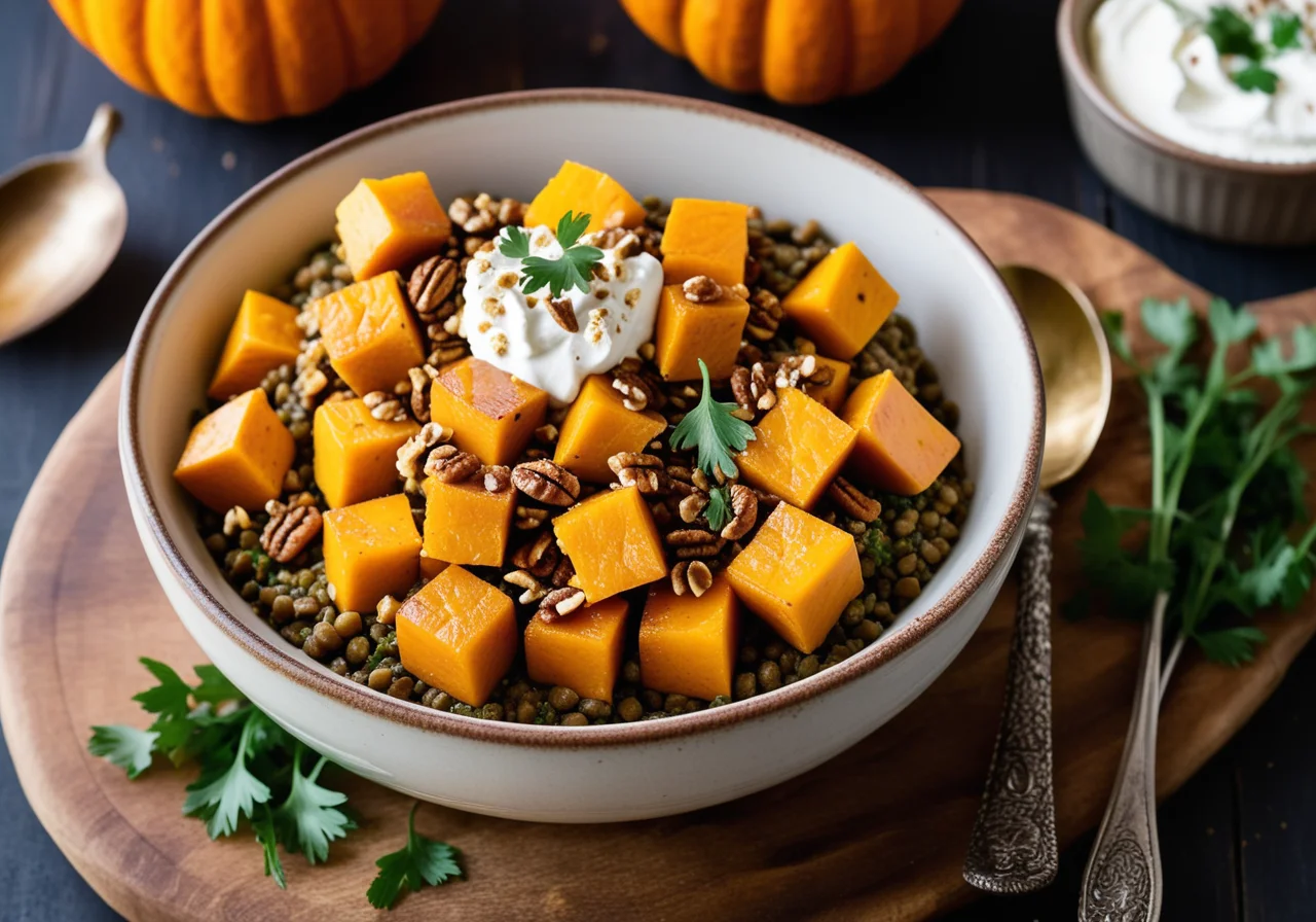 Pumpkin Lentil Salad with Goat Cheese