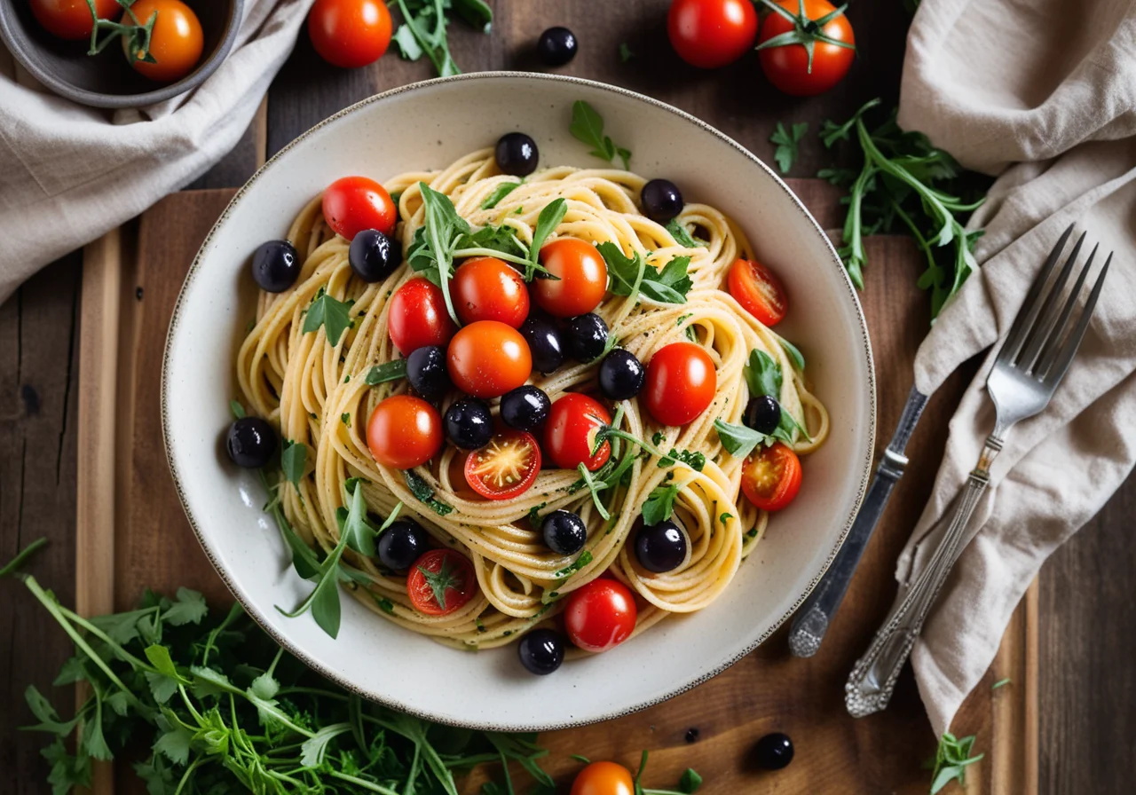 Garlic Spaghetti with Tomatoes and Olives