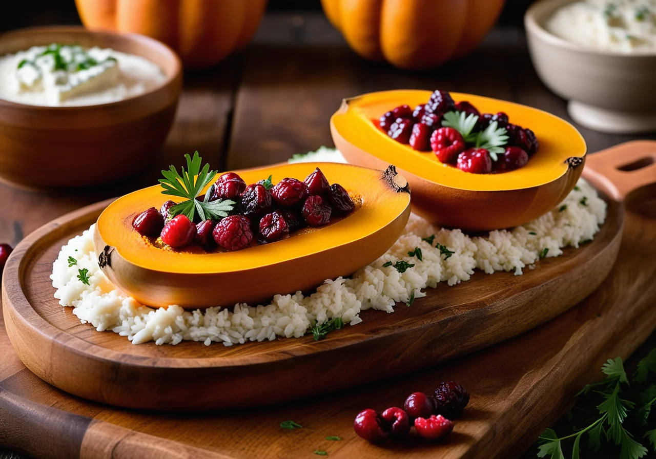 Stuffed Butternut Squash with Rice and Goat Cheese Sauce