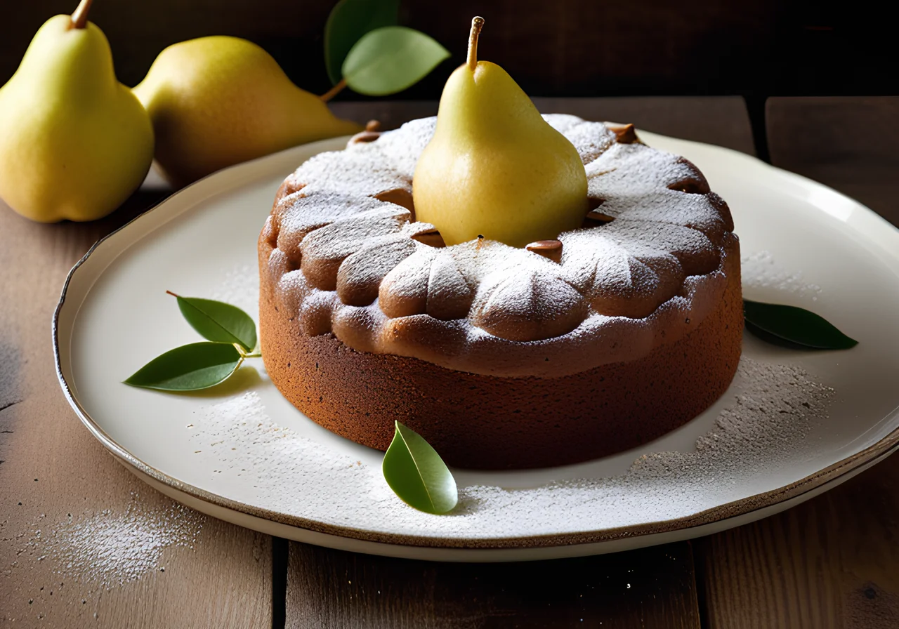 Chocolate Pear Cake with Powdered Sugar