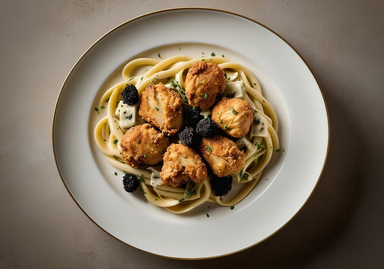 Pan Pasta with Fried Chicken Breast and Truffle Leek