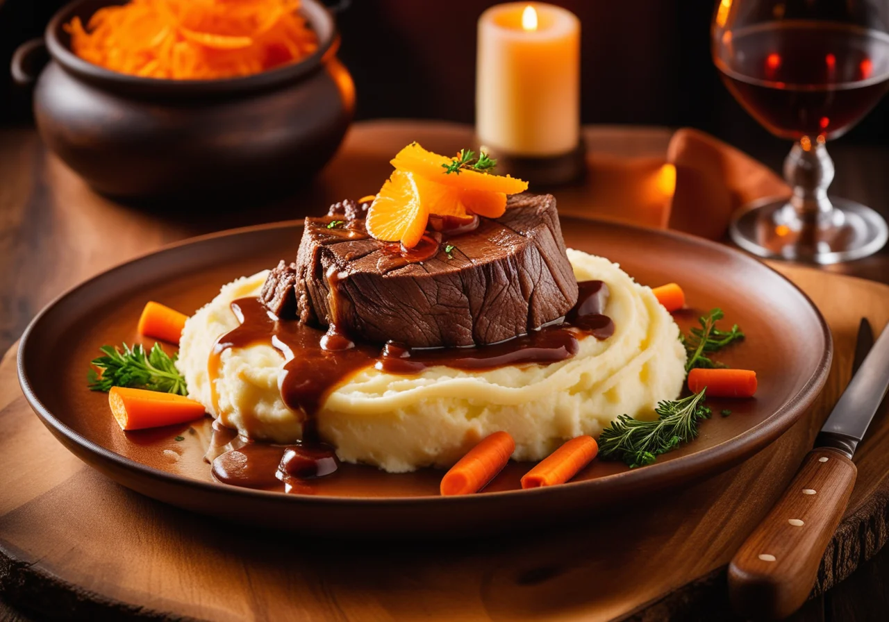 Rinderhaxe mit Kartoffelbrei und Karotten