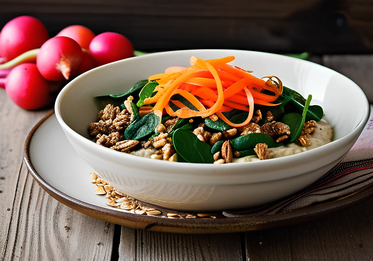 Savory Oat Buckwheat Bowl with Spring Salad and Flaxseed Oil Dressing