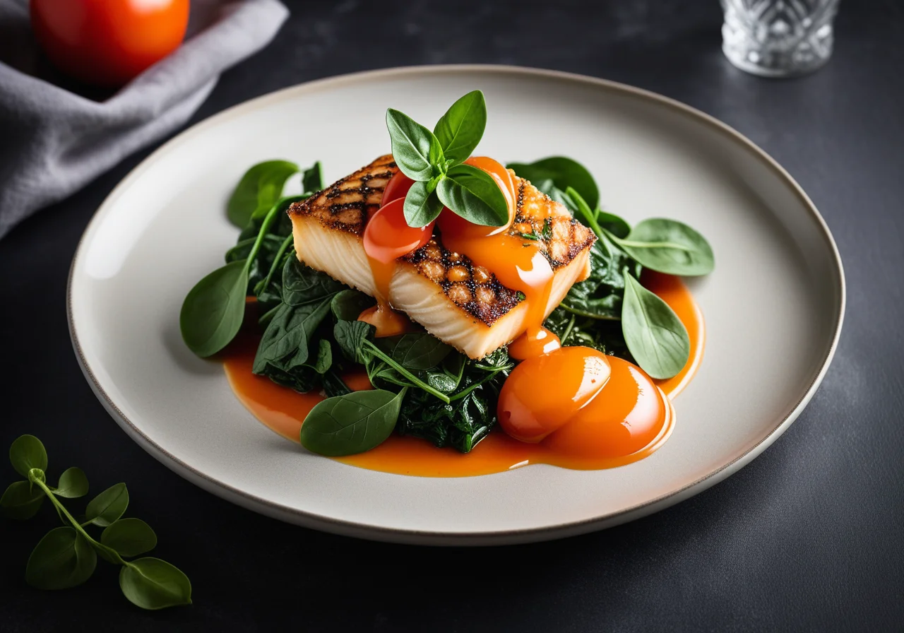 Anglerfish with Ginger Spinach and Orange Tomato Sauce