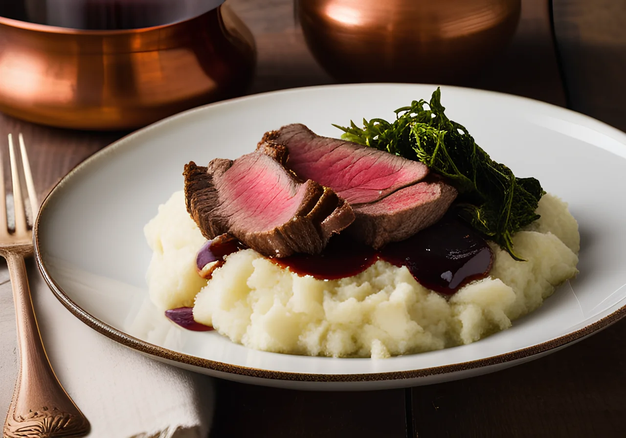 Beef Roast with Shallot Sauce, Mashed Potatoes and Savoy Cabbage