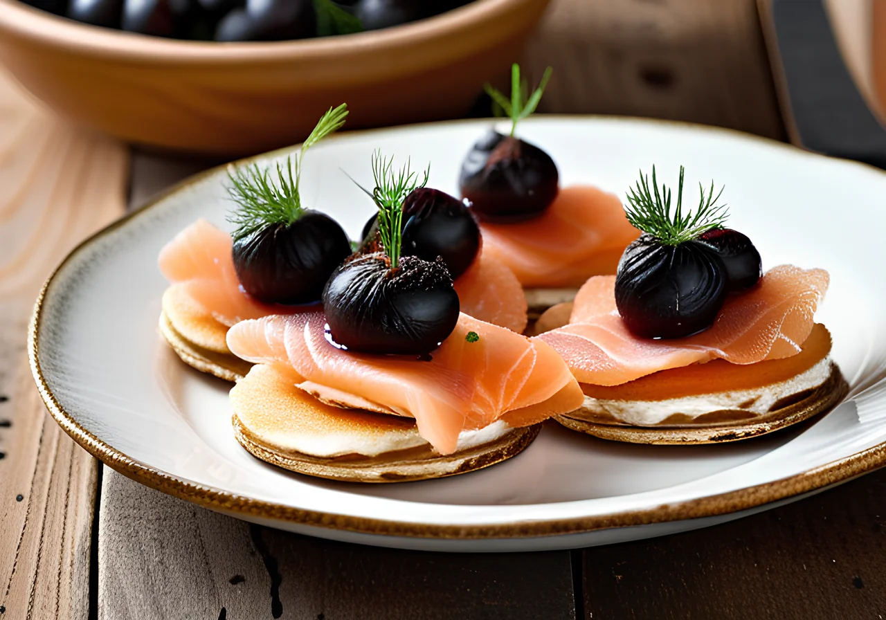 Graved Salmon with Black Currants and Blinis