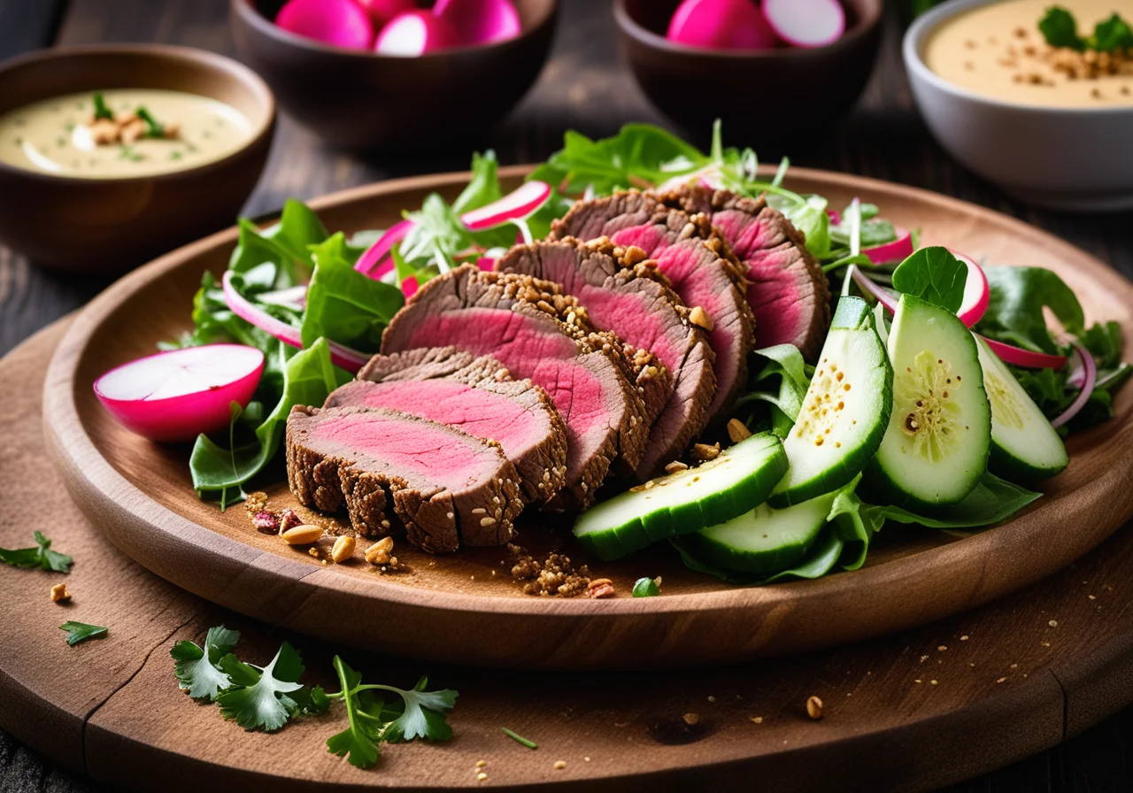 Beef Fillet in Nut Crust with Curry Sauce and Colorful Salad