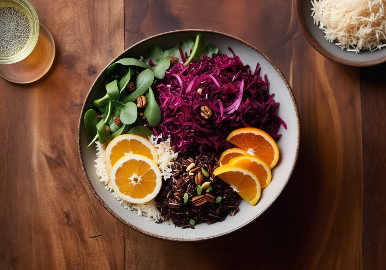Wild Rice Bowl with Lamb's Lettuce, Red Cabbage and Nut-Orange Dressing