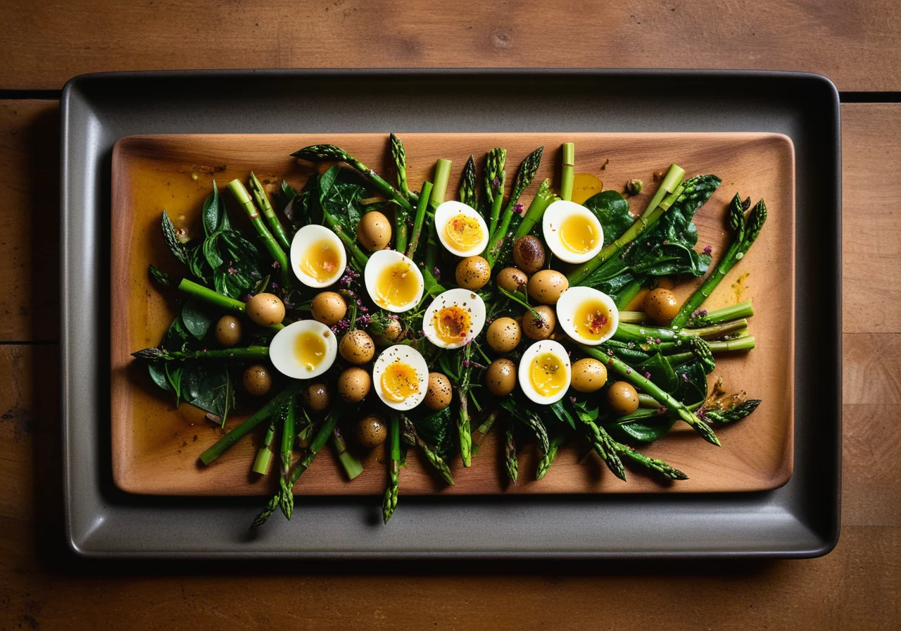 Swiss Chard Salad with Green Asparagus and Quail Eggs