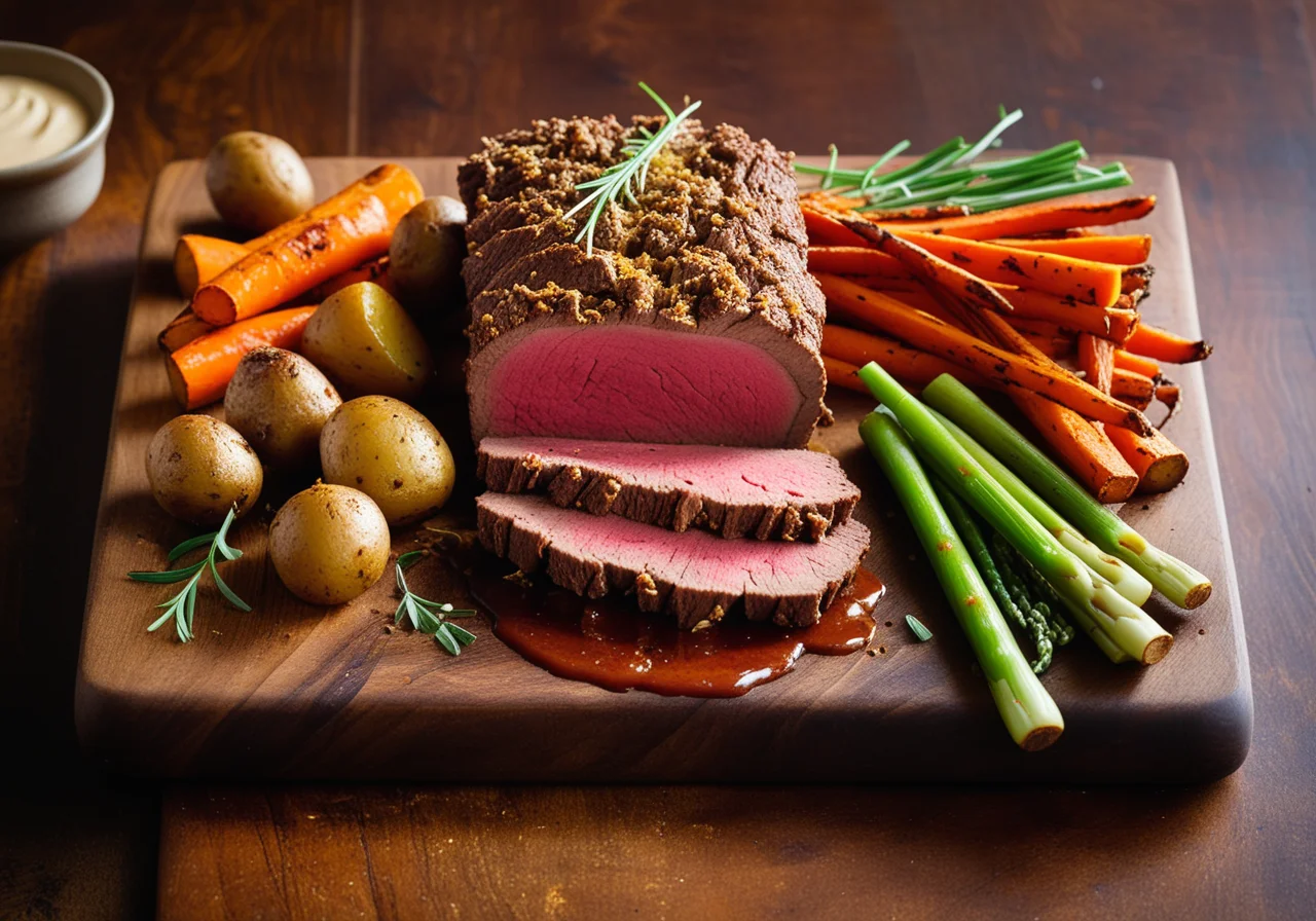 Mustard-Crusted Roast with Vegetables and Roasted Potatoes