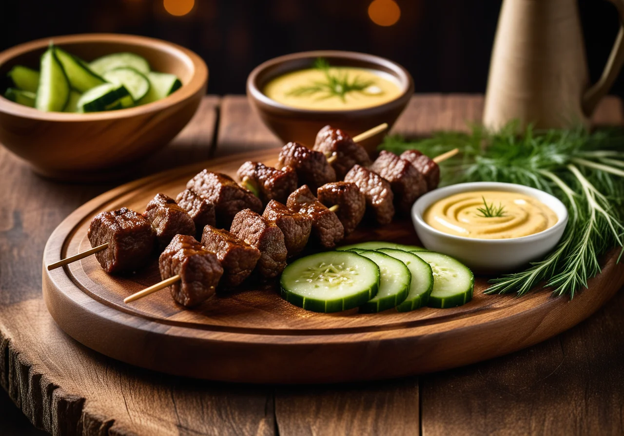 Ground Meat Skewers with Braised Cucumbers