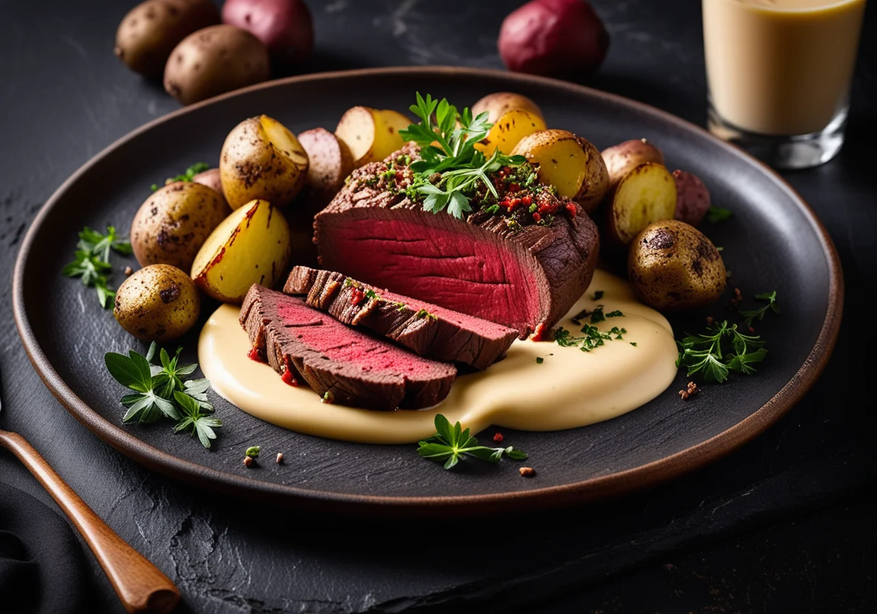Venison steak with pepper crust and potatoes