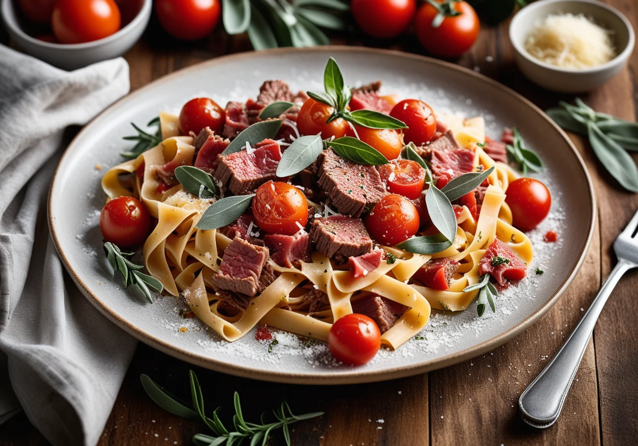 Pasta with Beef Carpaccio, Tomatoes and Sage