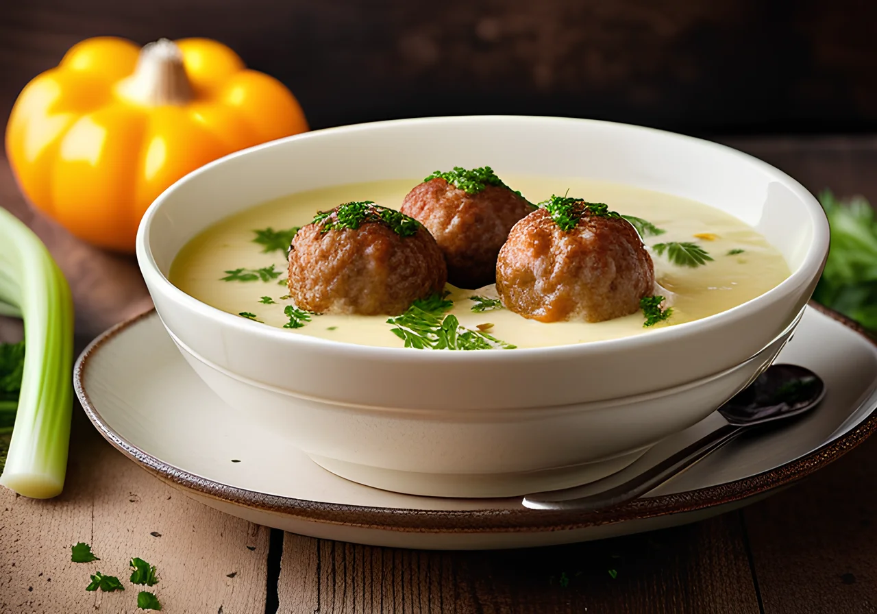 Leek Soup with Cheese and Meatballs