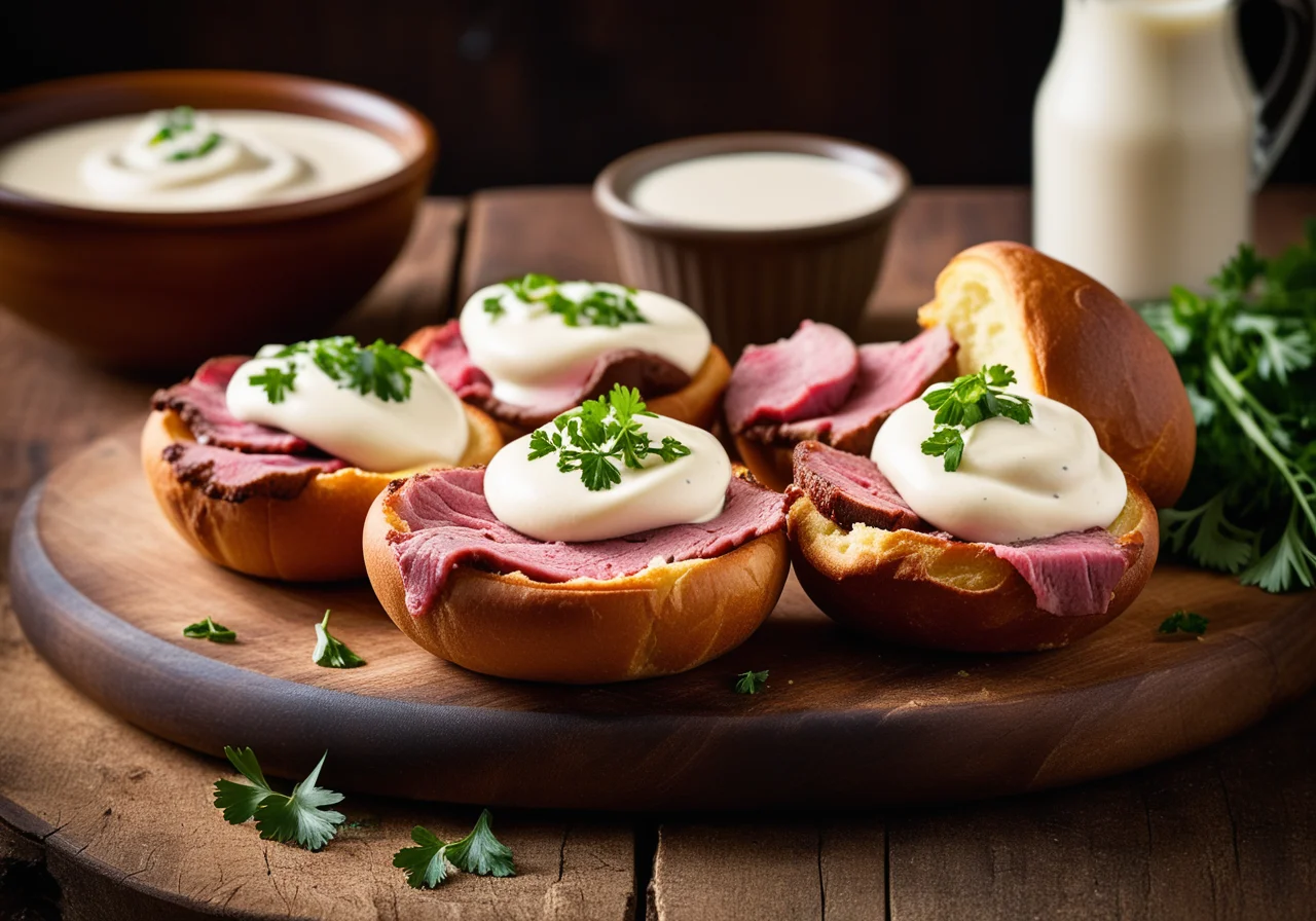 Small Yorkshire Puddings with Roast Beef and Horseradish Cream