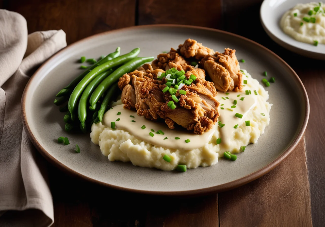 Pan‑fried Chicken Breast with Mashed Potatoes and Green Beans