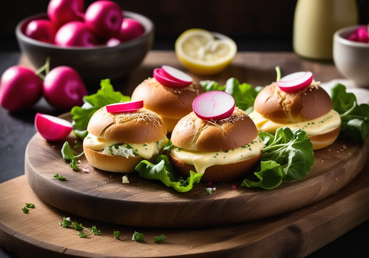Radish Mountain Cheese Salad on Bread Rolls