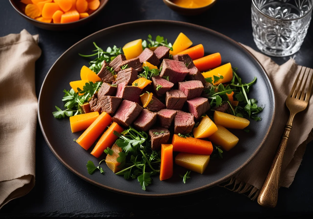 Beef Stew with Potato-Carrot Vegetables and Creamy Mustard Sauce