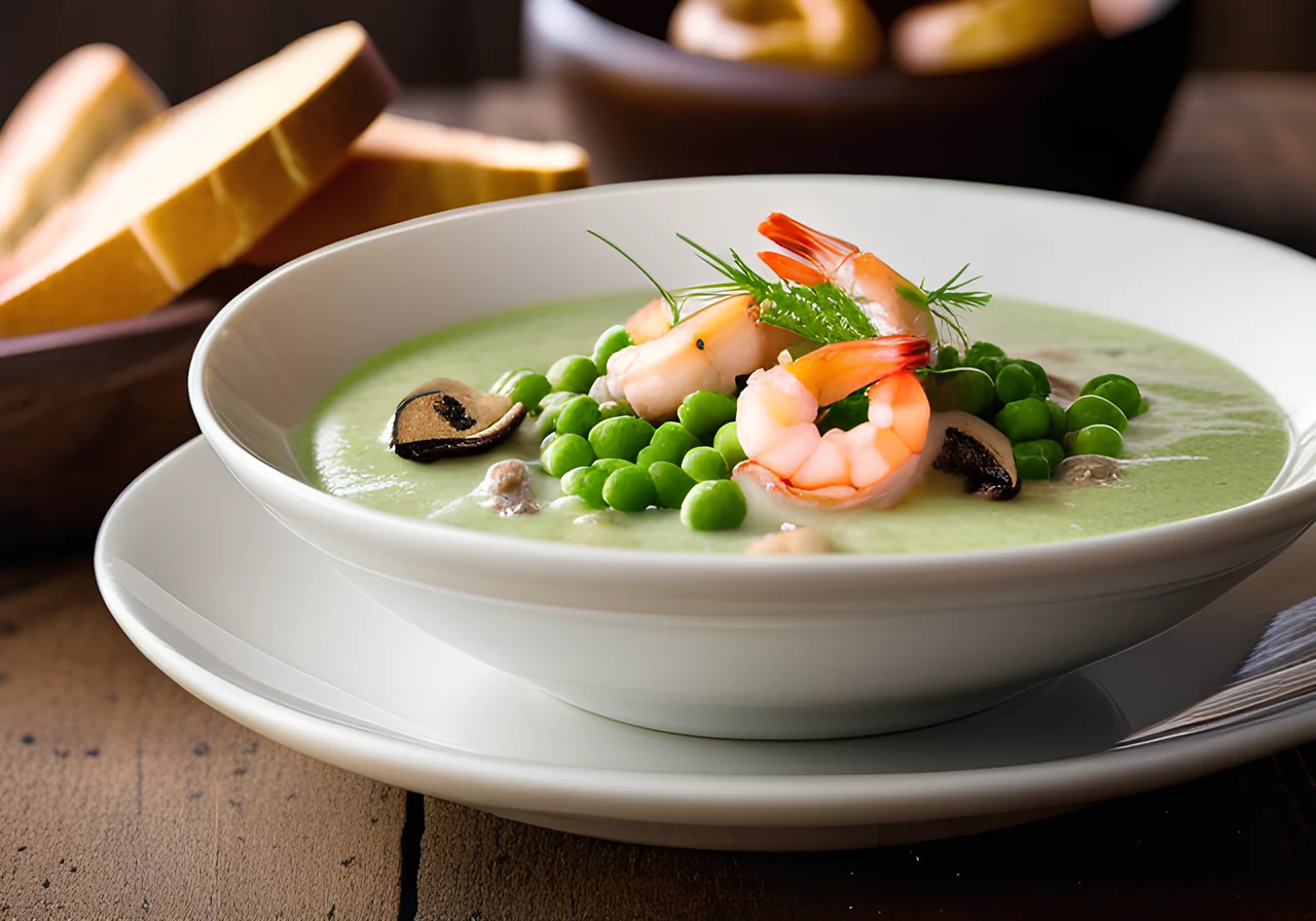 Pea and Mushroom Soup with Shrimp
