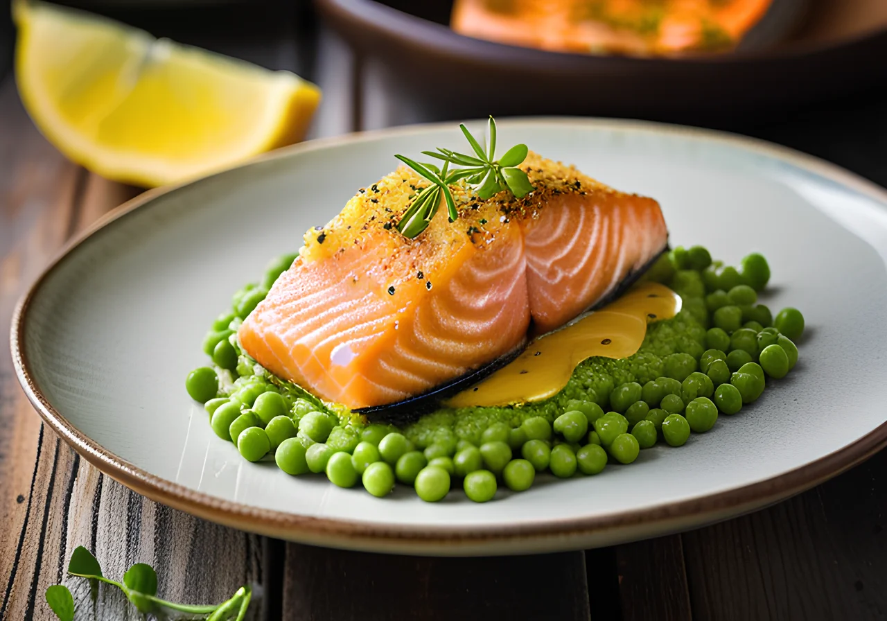 Salmon with Herb‑Grana Padano Crust on Pea‑Potato Purée