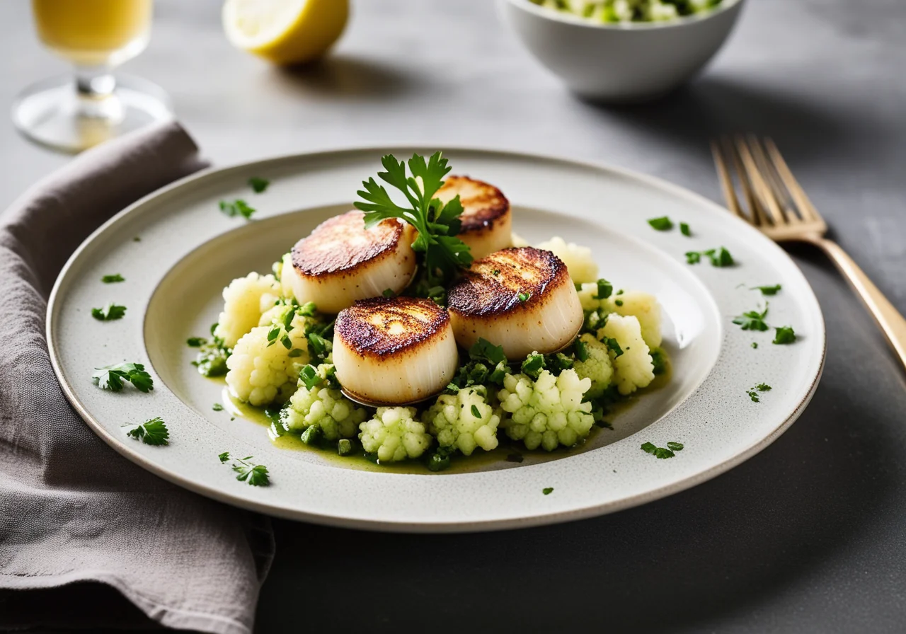 Jakobsmuscheln with Green Salsa and Cauliflower