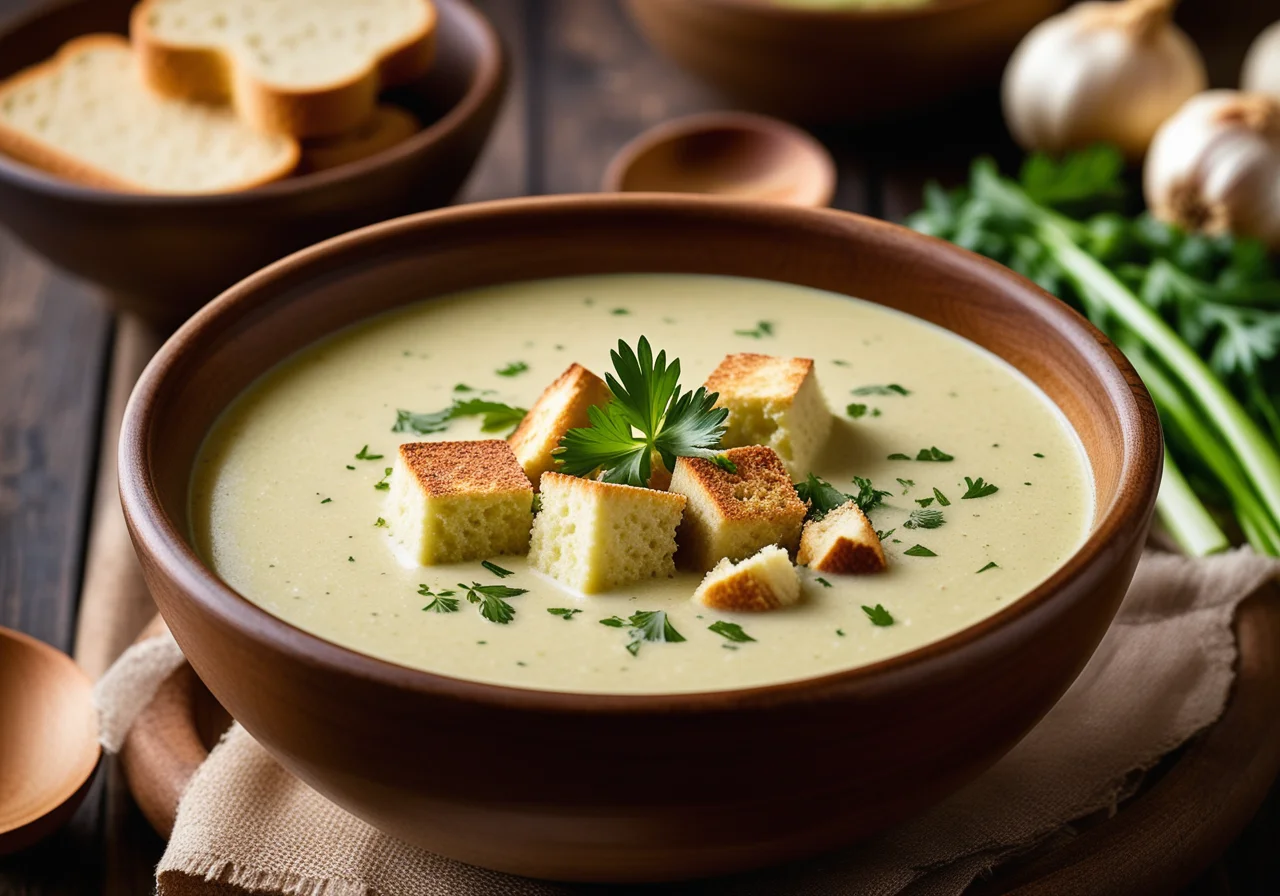 Celery Cream Soup with Garlic Croutons