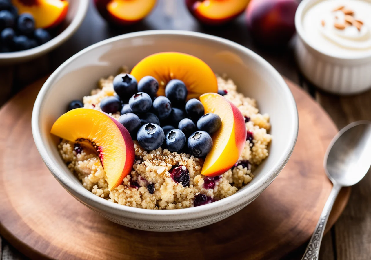 Vanilla Quinoa Breakfast with Nectarines, Blueberries and Almonds