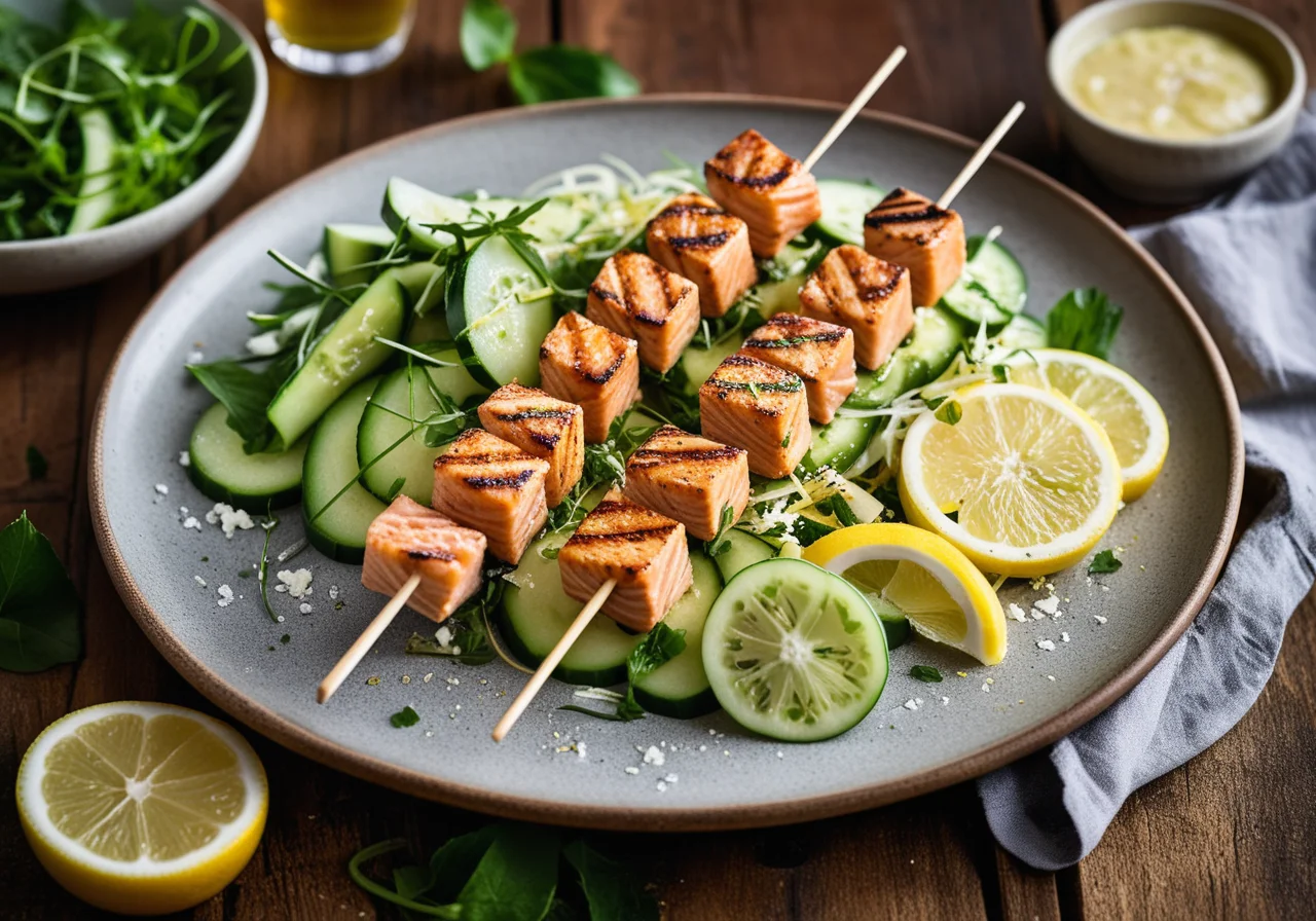 Salmon Skewers with Cucumber-Grana Padano Salad