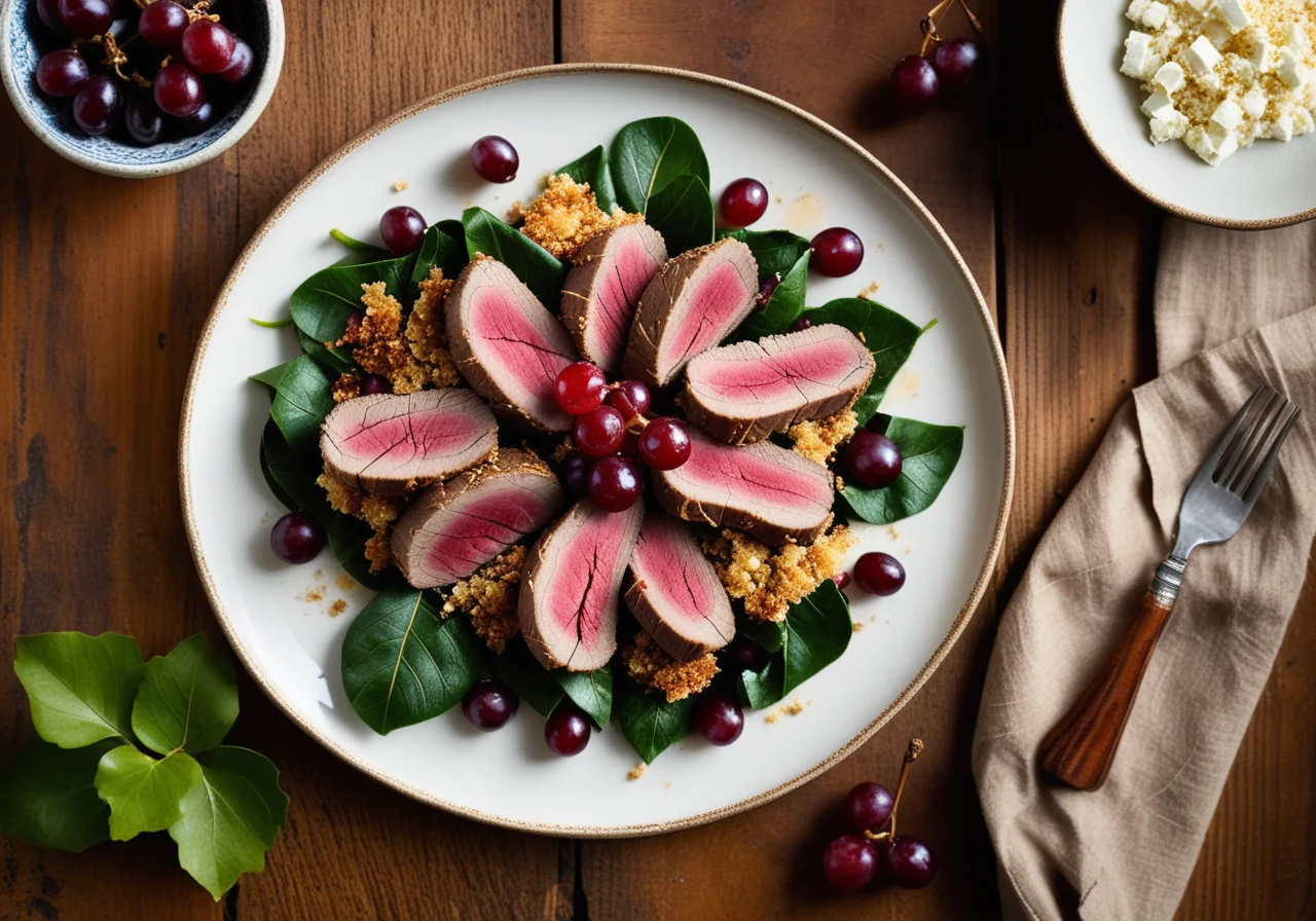 Lamb on Warm Swiss Chard Salad with Grapes