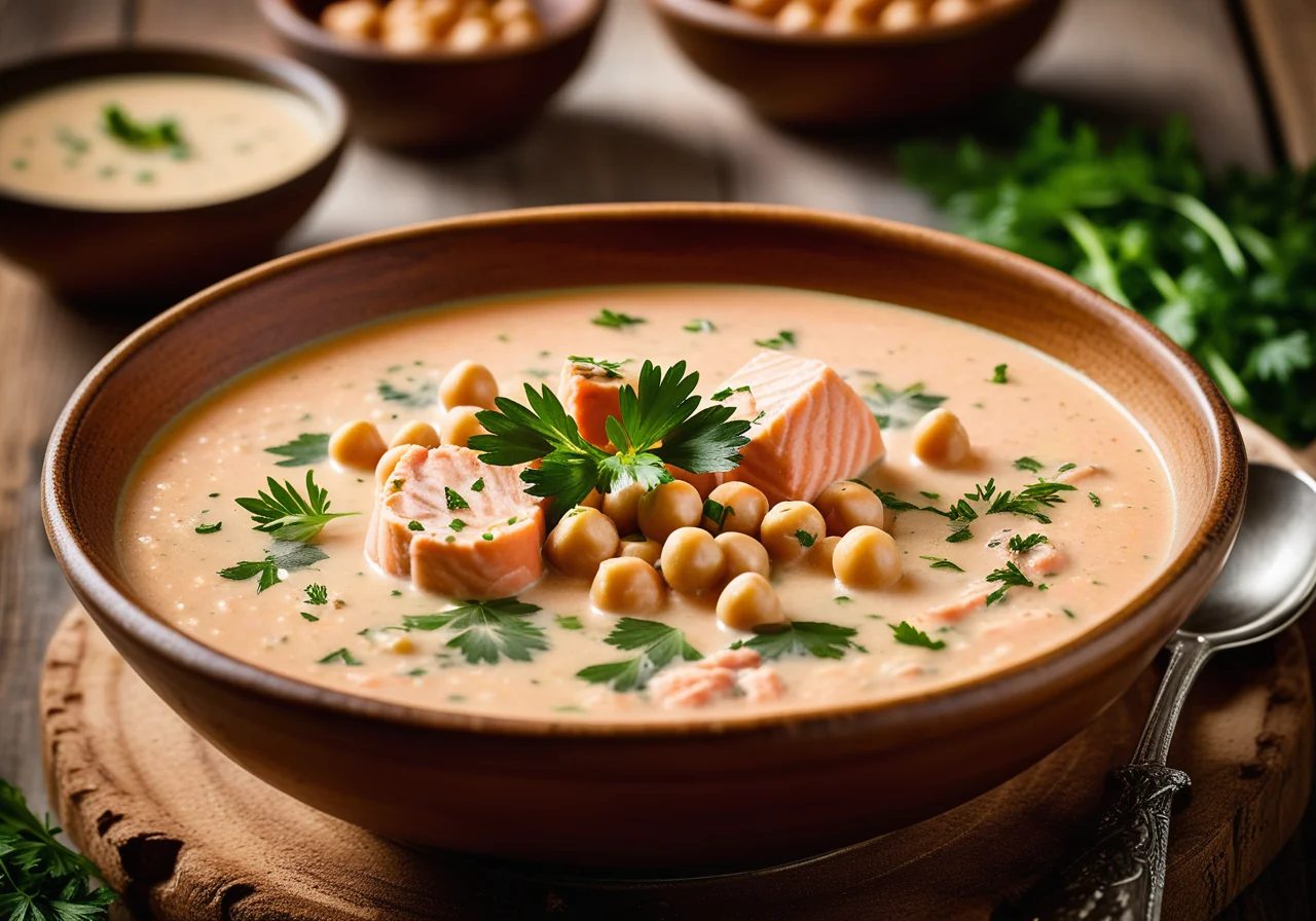 Salmon Chickpea Soup with Champagne
