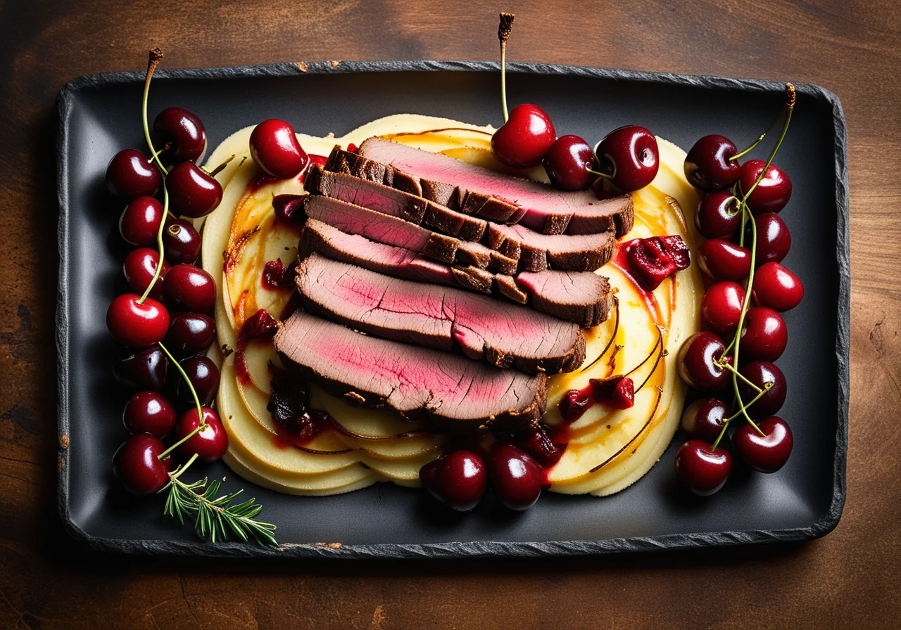 Venison Rack Roast with Potato Gratin and Cherry Sauce