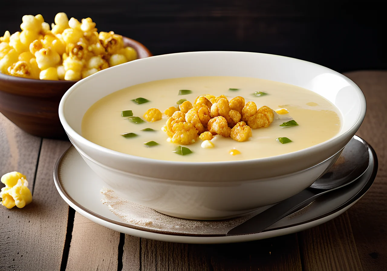 Creamy Cheese Corn Soup with Fiery Popcorn