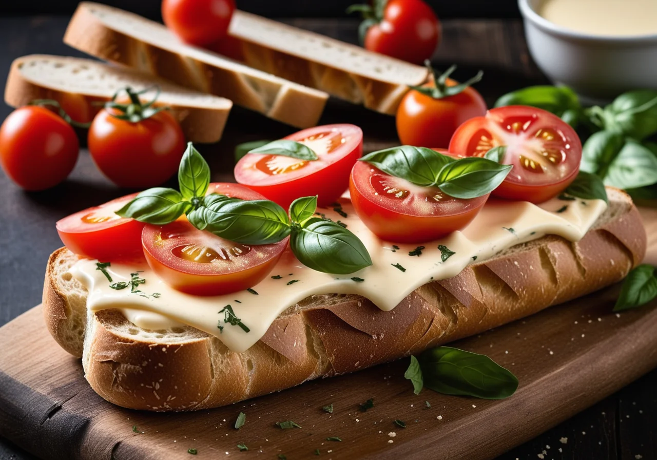 Whole grain baguette with turkey slices, Brie and tomatoes