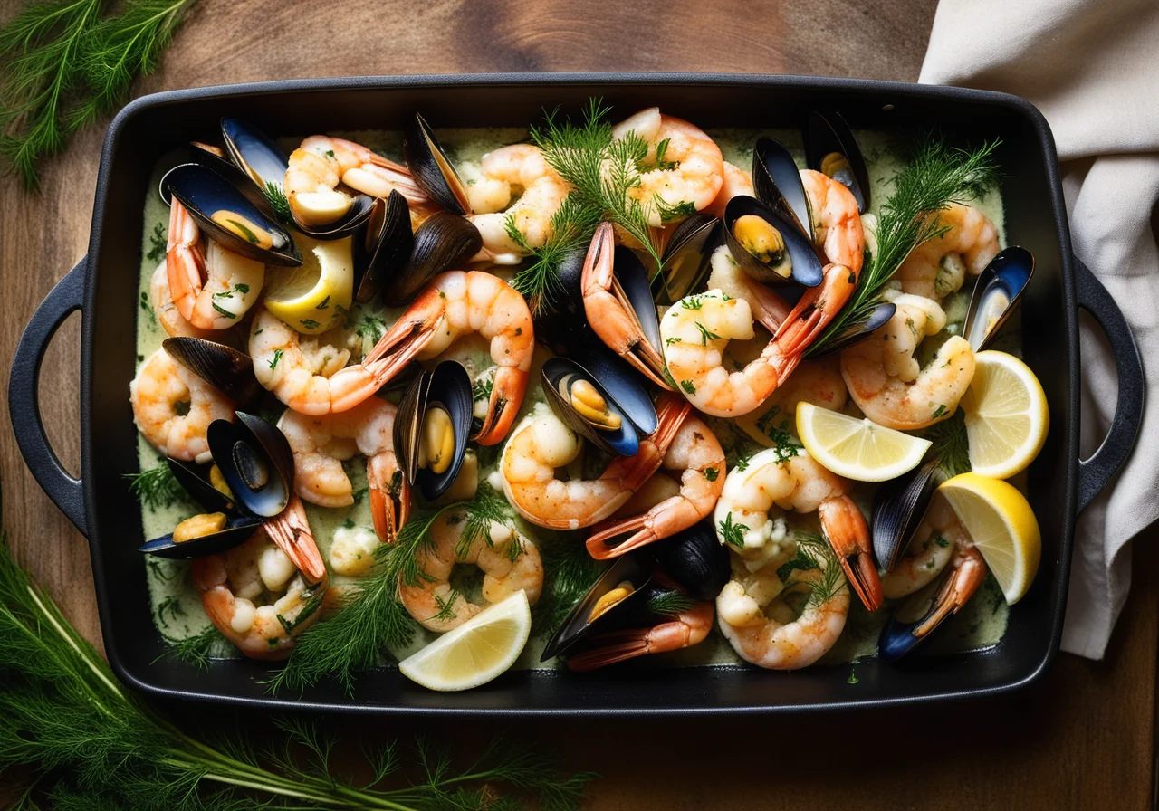 Fish and Seafood Pan with Dill Sauce