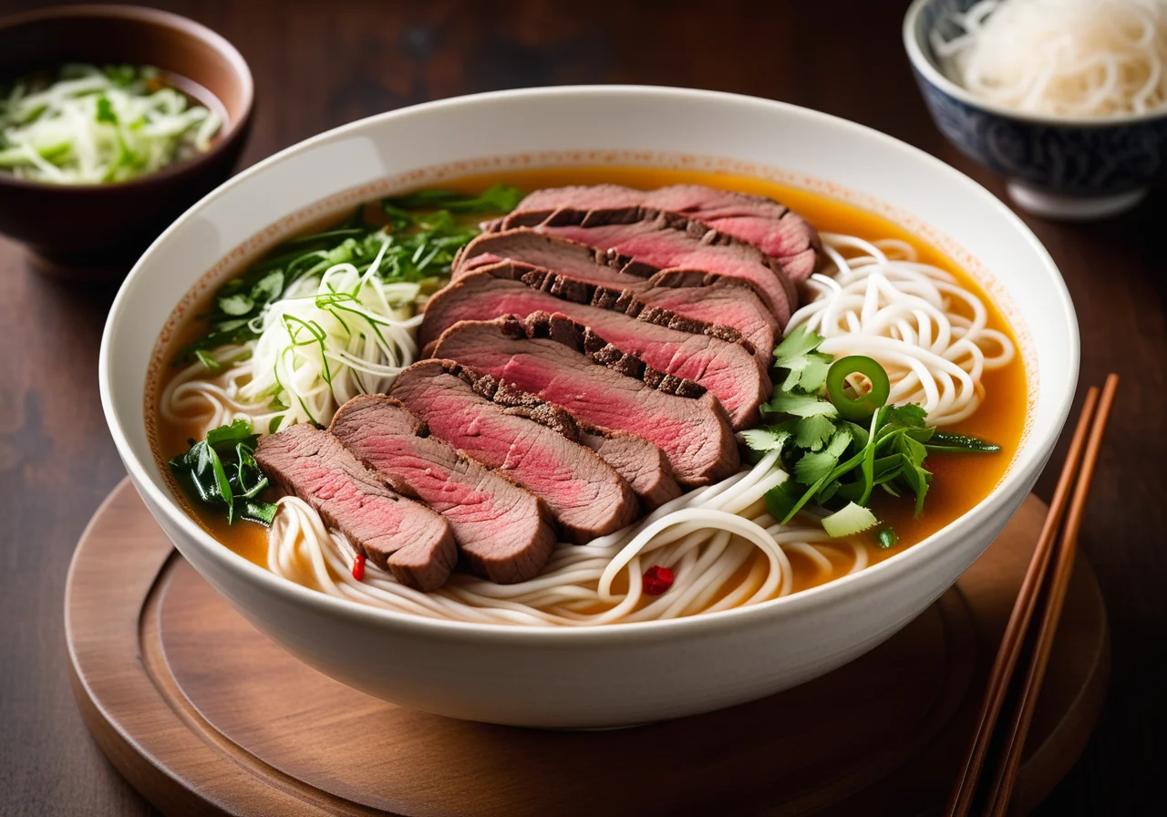 Rice Noodle Soup with Beef Steak