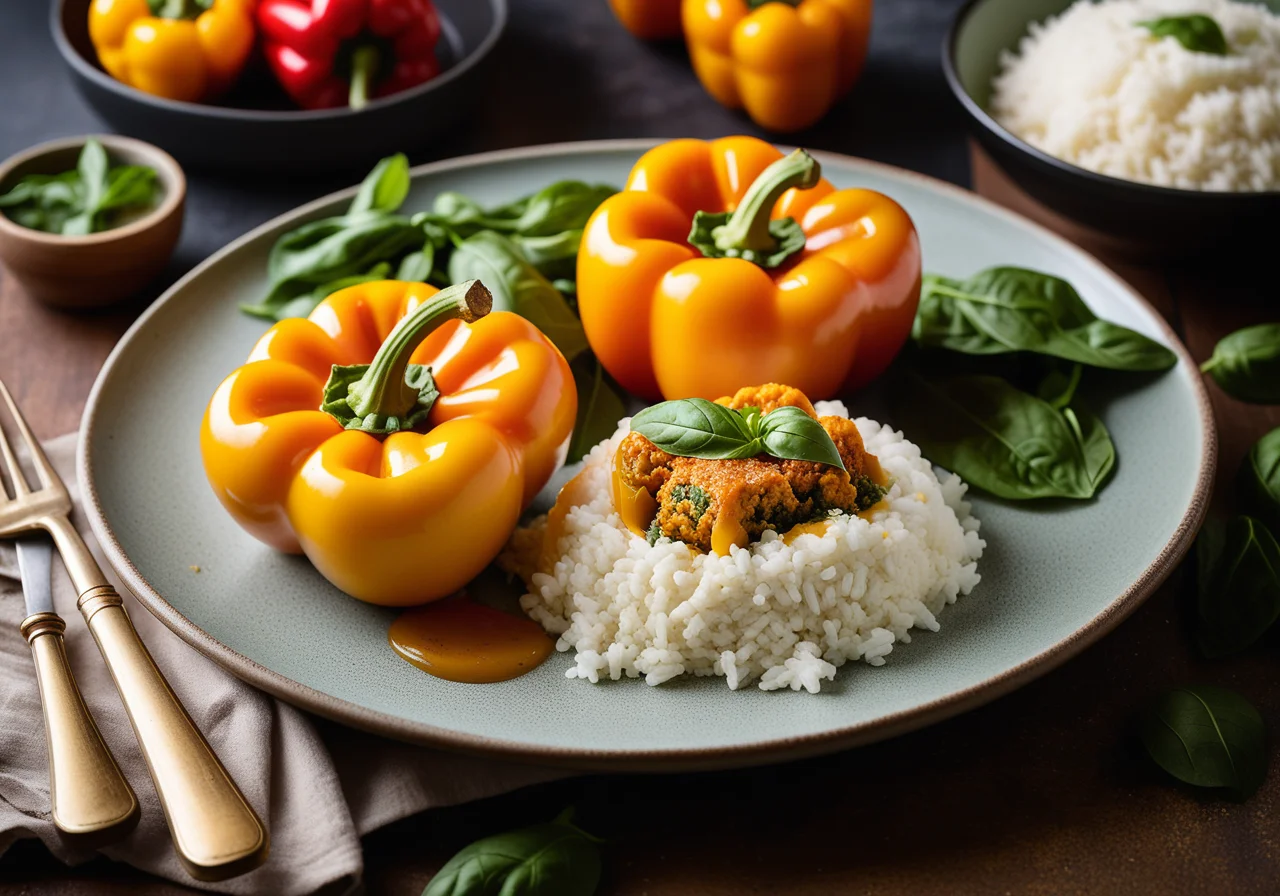 Bell Peppers Stuffed with Sea Bass Spinach Filling and Rice
