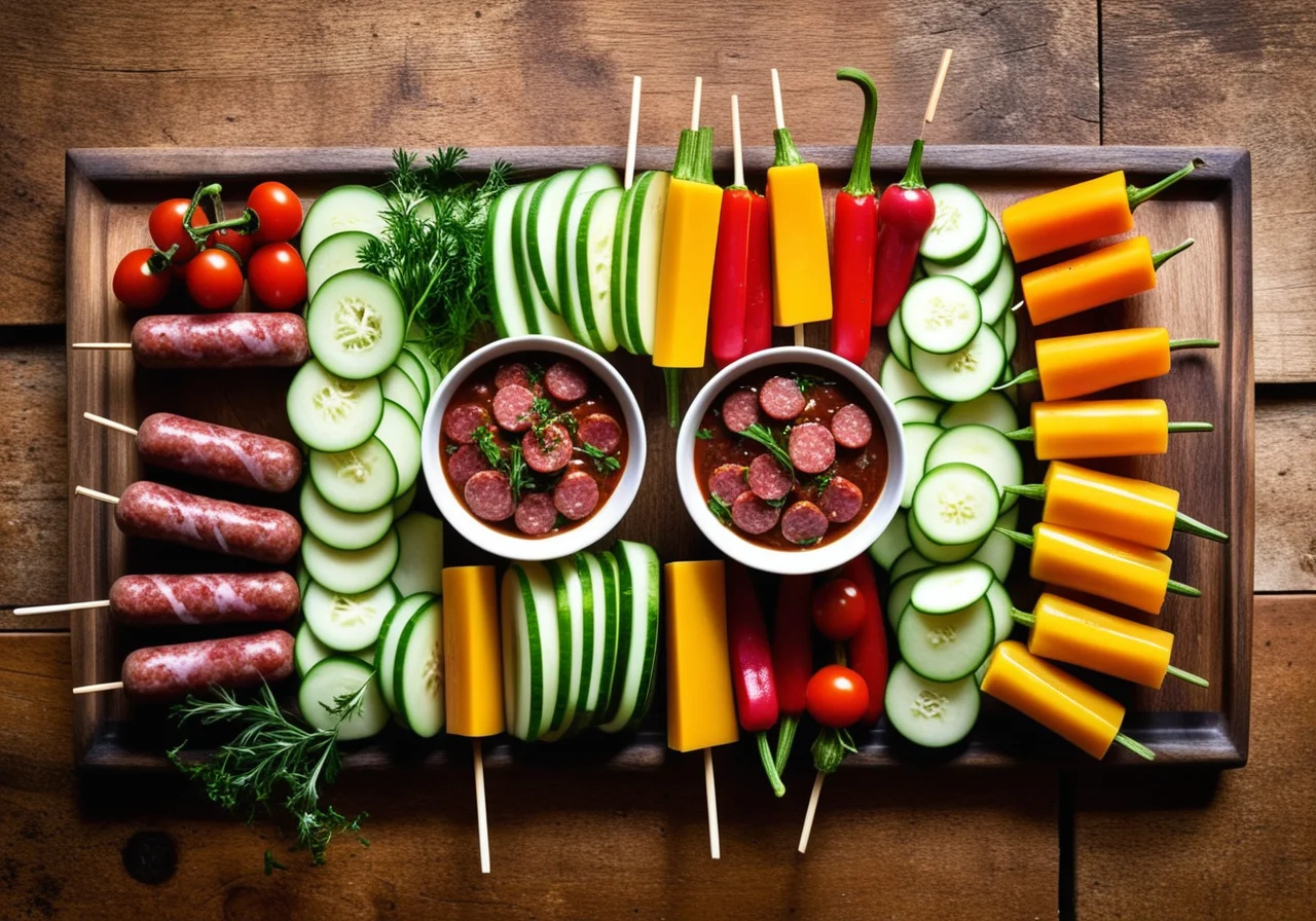 Skewers with Cheese, Sausage and Vegetables