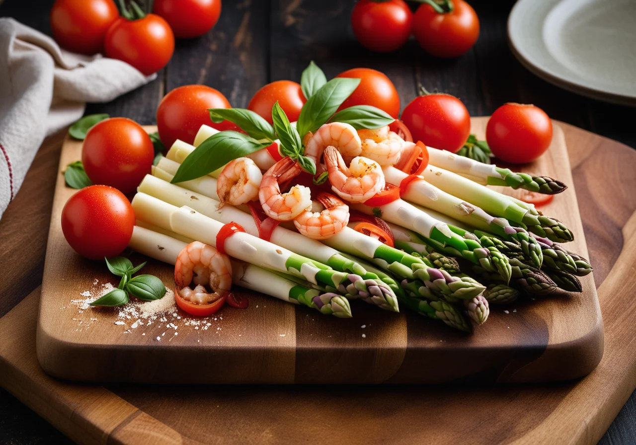 White asparagus with fried shrimp and tomatoes