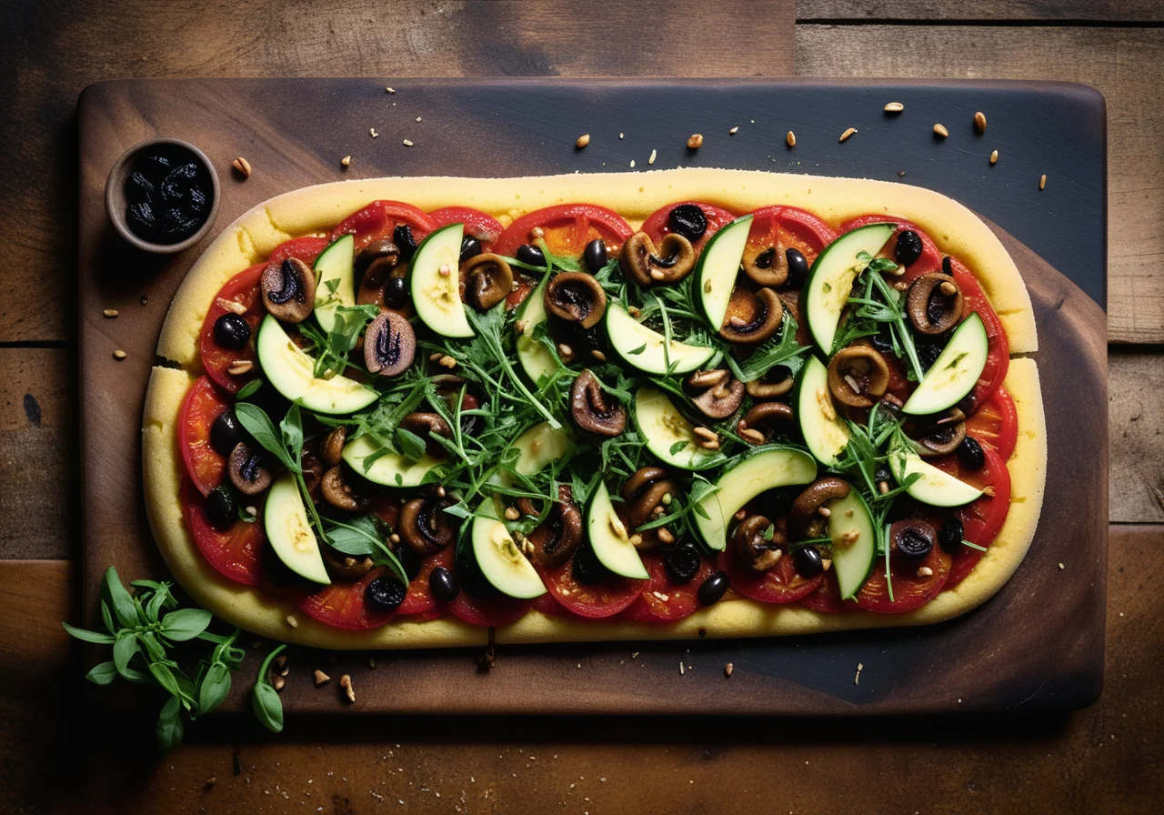 Vegan Polenta Pizza with Zucchini, Mushrooms, Olives and Arugula