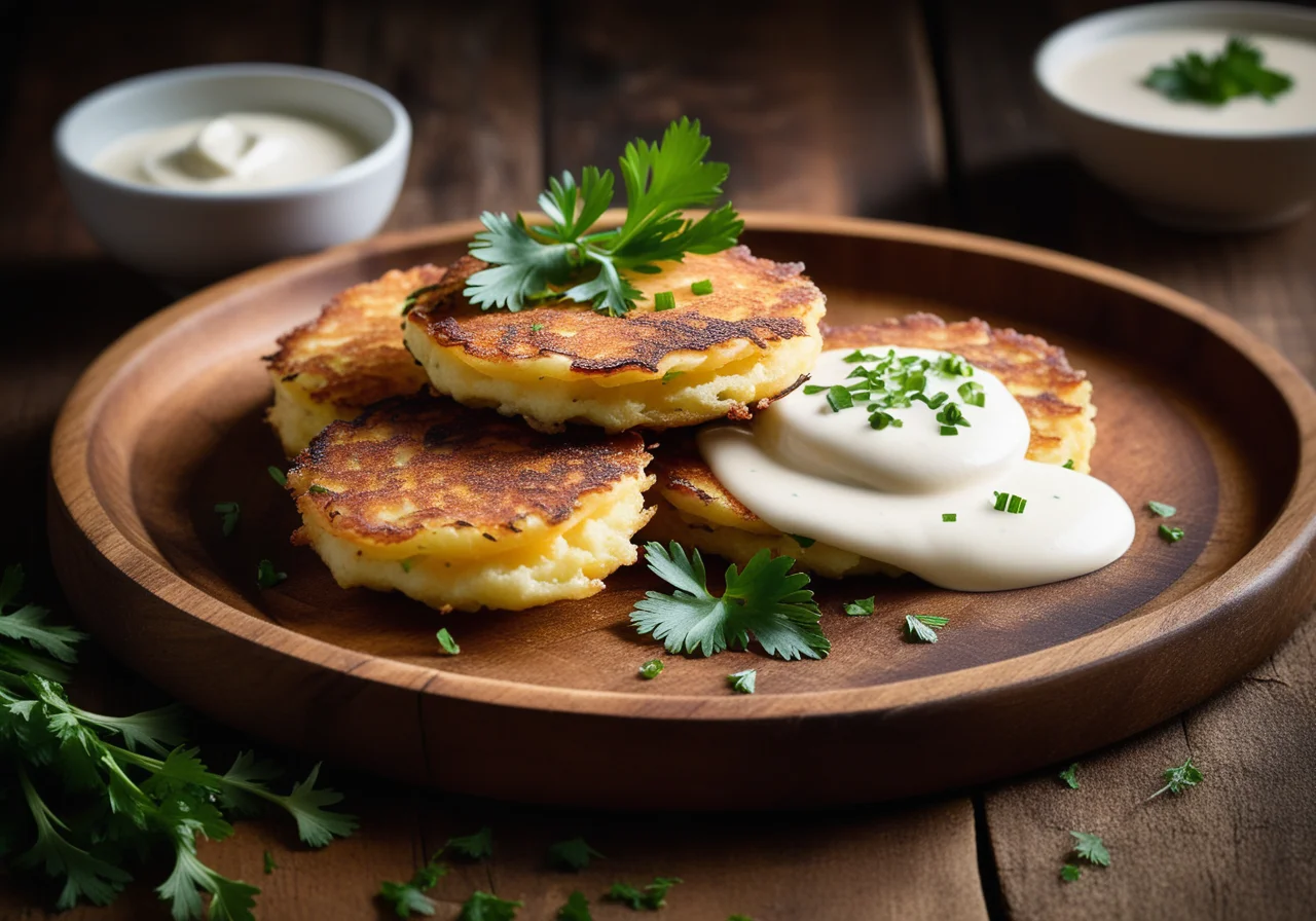 Fish Potato Pancakes with Yogurt Dip and Lollo Bianco