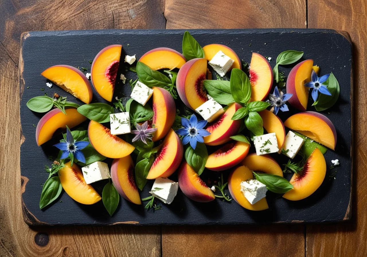 Wild Herb, Peach and Goat Cheese Salad with Basil Oil Dressing