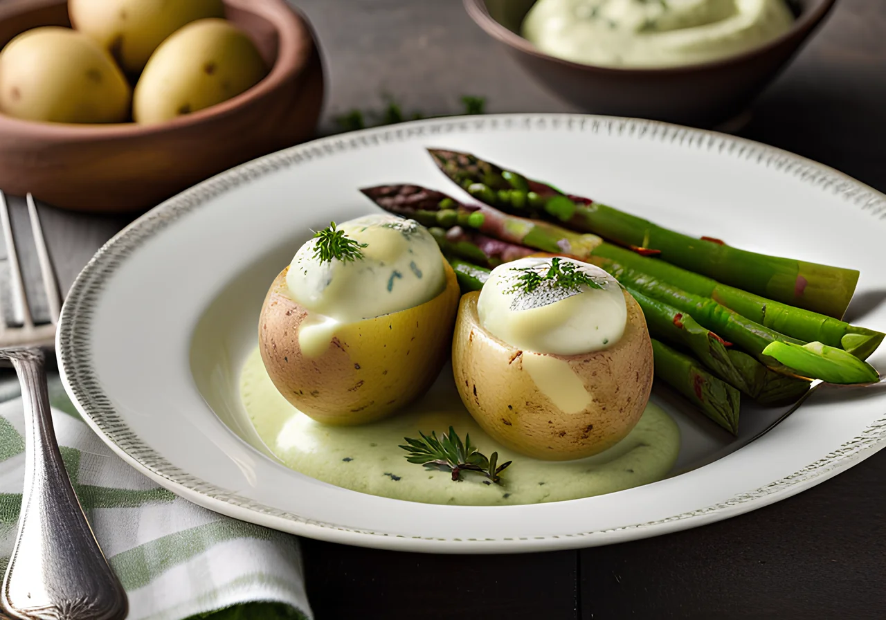 Boiled Potatoes with Herb Sabayon and White & Green Asparagus