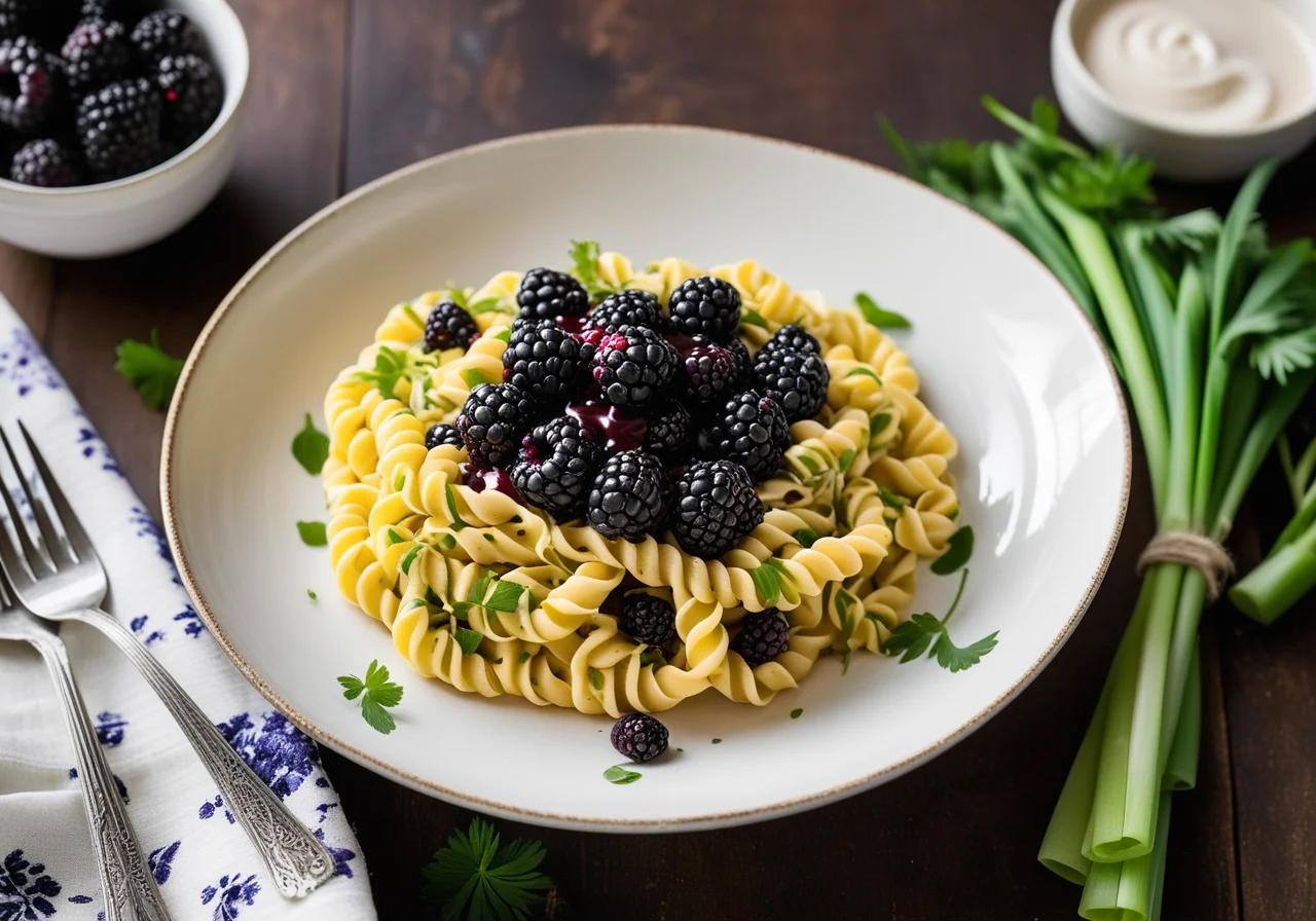Corn-shaped pasta with blackberries