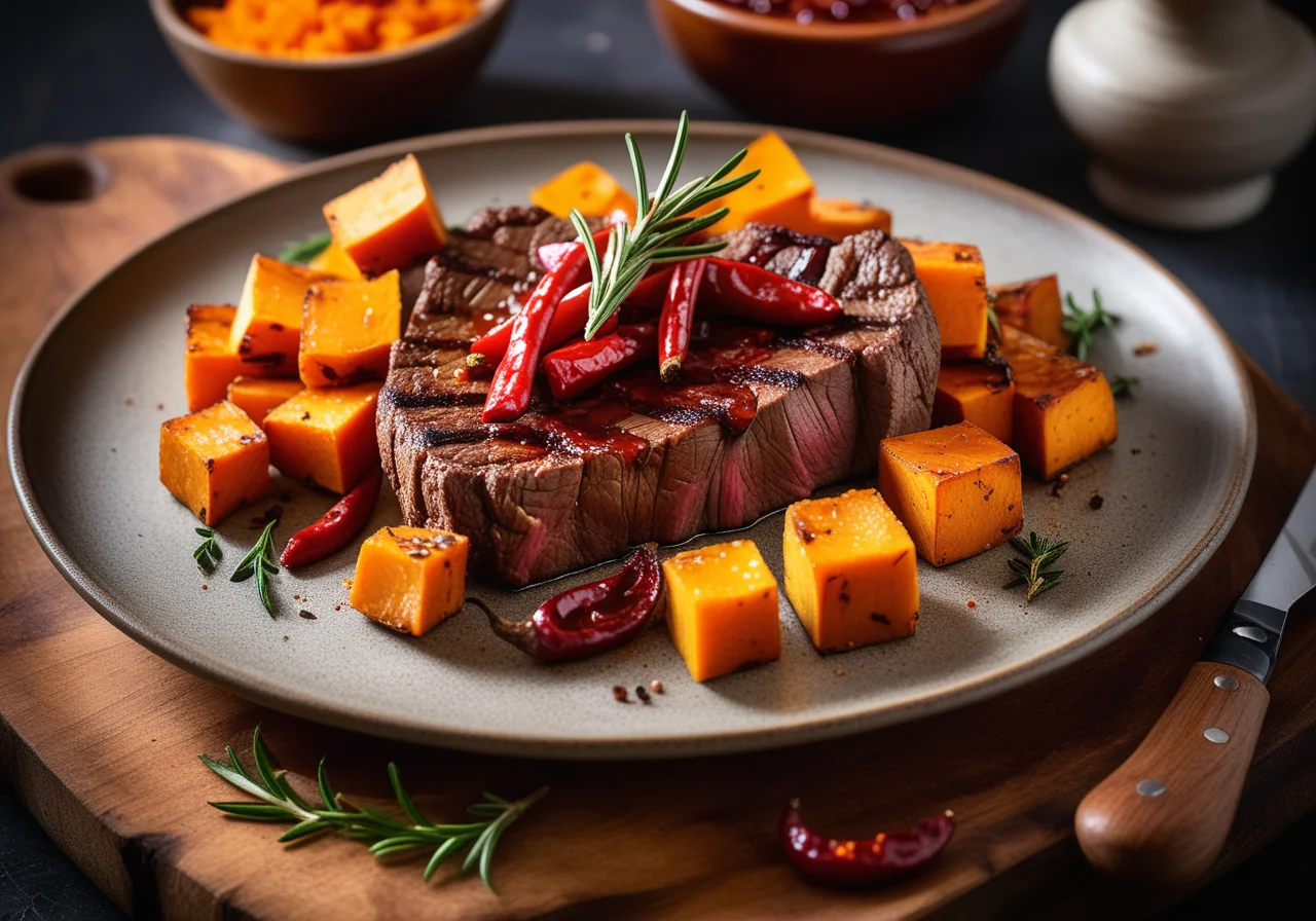 T-Bone Steak with Sweet Potato Cubes and Chili Marmalade