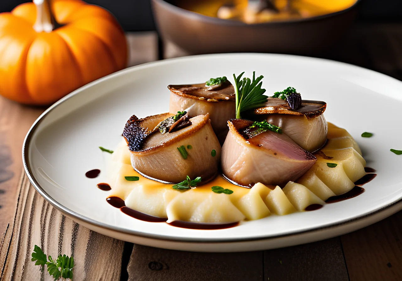 Duck Breast with Grana Padano Potato Pumpkin Dumplings and Mushroom Vegetables